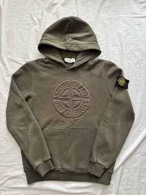 Stone Island Olive Green Compass Logo Hoodie Size S 100% Cotton Pullover